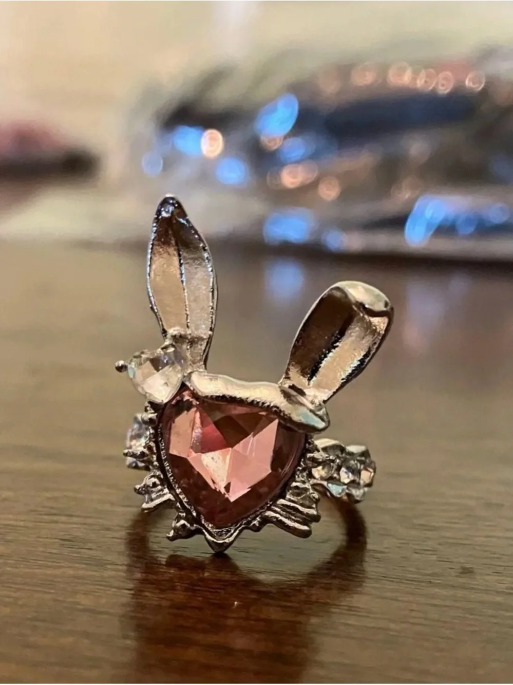 Heart-Shaped Bunny Ring for Women Pink CZ Rabbit Crystal Finger Silver